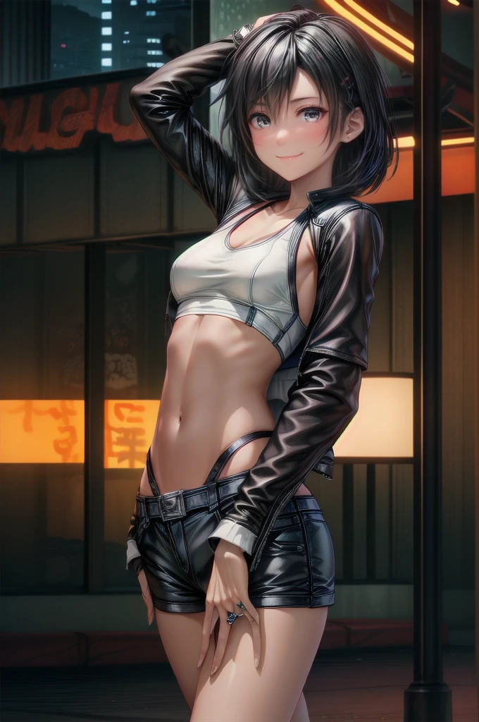 (cowboy shot), (Perfect Anatomy, top-quality, The ultra -The high-definition, high resolution, extremely detailed CG, 8K Unit Wallpapers), 26-year-old lady, solo, beautiful detailed eyes, black hair, short bob hair, blunt bang, (small breasts, statuesque slender body, athletic), gleaming skin, oily skin, (punk fashion, leather jacket, Tank top, micro shorts), (drive a motorcycle,Harley-Davidson), on road, Tokyo, at night