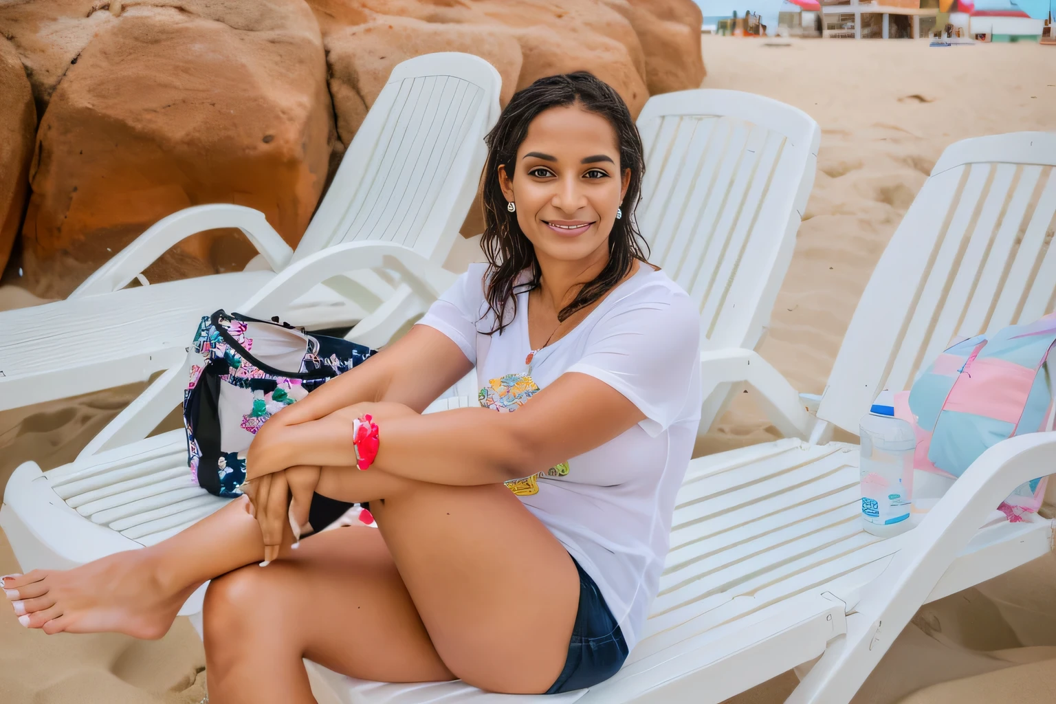 woman sitting on a white lawn chair with a bag on her lap, 30-year-old woman from cuba, sitting on the beach, 30 years woman, 40 years old women, vacation photo, sitting at the beach, 40 years old woman, 40 years old woman, 40 year brazilian mother