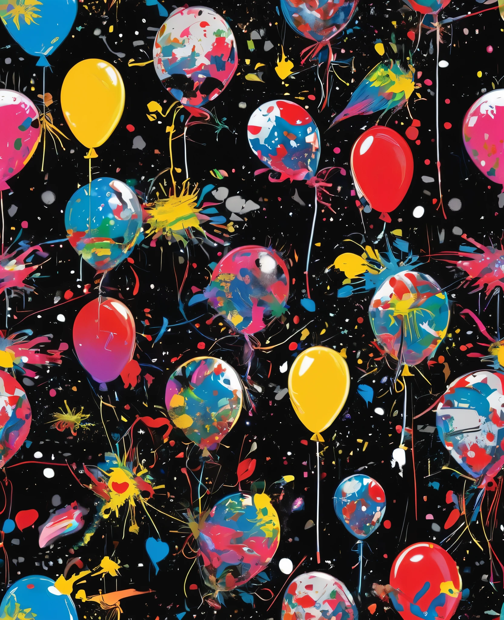 Graffiti, scribble, Comics by Petra Cortright, best quality, masterpiece, glittery balloons artwork, Representative work, official art, Professional, Ultra intricate detailed, 8k, balloons art, black background