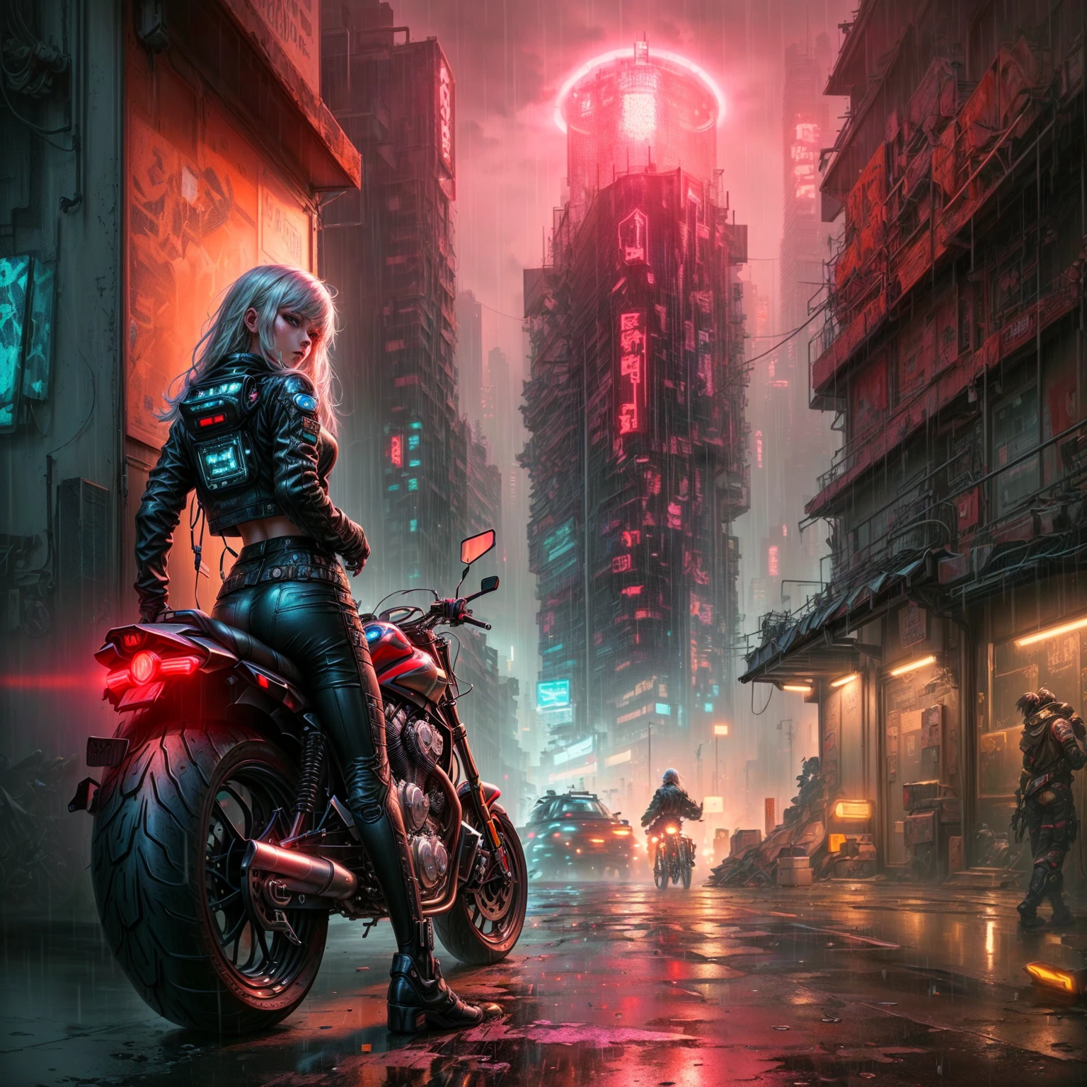 Anime-Series, Girl, motorcycle, Stadt, Rain, Rot, Stadt, Rain, Rain, Rain, Rain, Rain, Rain, Rain, Rain, Rain,, Cyberpunk Art style, cyberpunk themed art, Cyberpunk Art, cyberpunk dark fantasy art, sitting on cyberpunk motorbike, high quality Cyberpunk Art, cyberpunk illustration, cyberpunk vibes, cyberpunk digital painting, cyberpunk Anime-Series art, Cyberpunk aesthetics