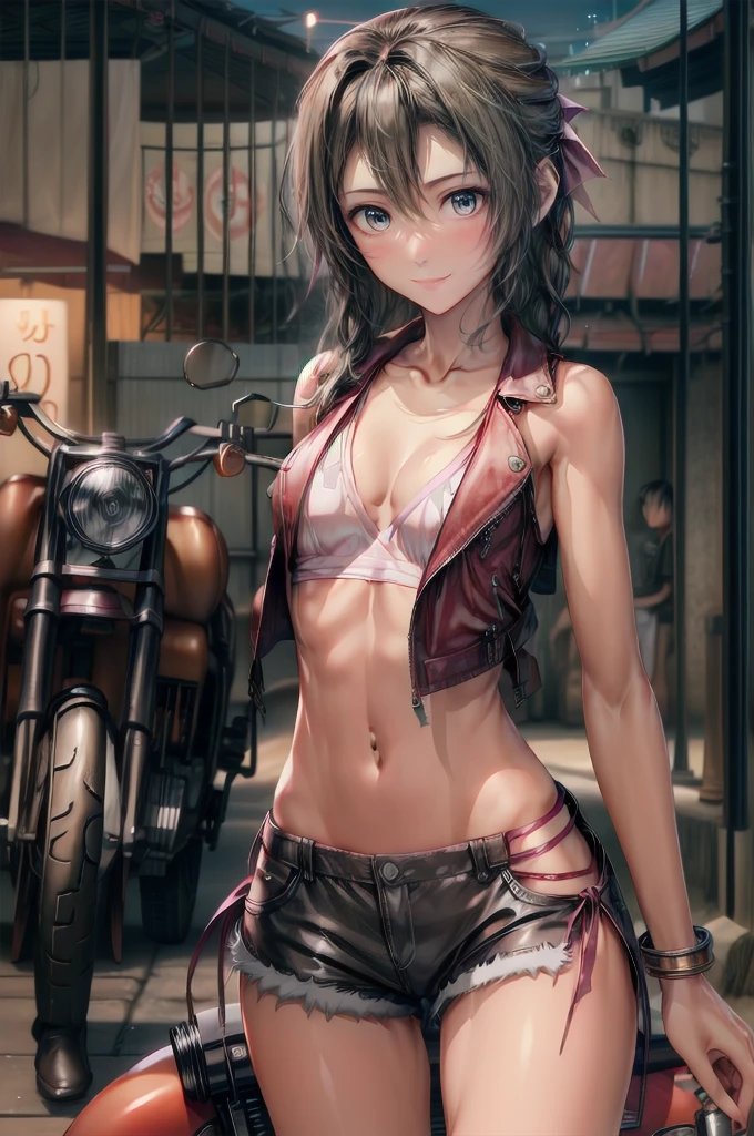 (cowboy shot), (Perfect Anatomy, top-quality, The ultra -The high-definition, high resolution, extremely detailed CG, 8K Unit Wallpapers), 26-year-old lady, solo, beautiful detailed eyes, black hair, short bob hair, blunt bang, (small breasts, statuesque slender body, athletic), gleaming skin, oily skin, (punk fashion, leather jacket, Tank top, micro shorts), (drive a motorcycle,Harley-Davidson), on road, Tokyo, at night