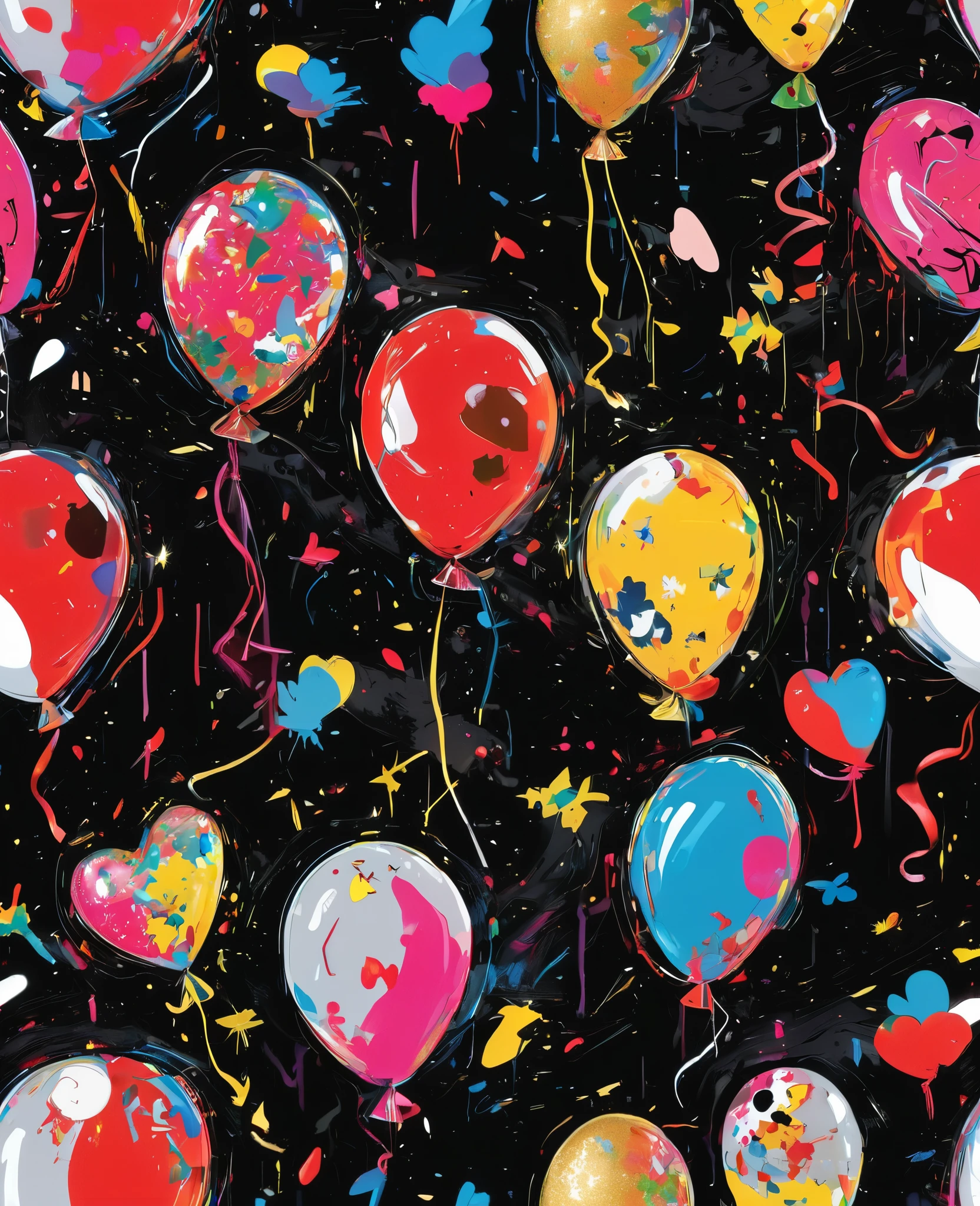 Graffiti, scribble, Comics by Petra Cortright, best quality, masterpiece, glittery balloons artwork, Representative work, official art, Professional, Ultra intricate detailed, 8k, balloons art, black background 