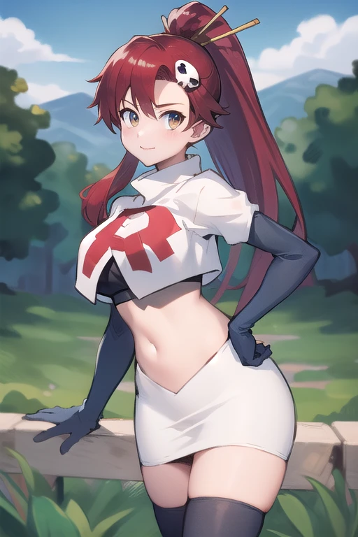 masterpiece, best quality, highres, yl1, ponytail, skull hair ornament, cowboy shot, outdoors, team rocket,team rocket uniform,white skirt,red letter R,crop top,black thigh-highs,black elbow gloves