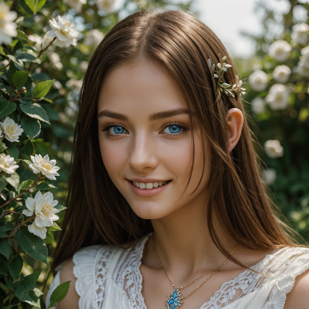 masterpiece,Digital SLR Photography,analog style,real photo,Photo of a beautiful 20 year old woman, (Lord of the Rings 1.0),dramatic lighting (85 mm),Blooming garden in the background,(detailed facial features),(Beautiful and sparkling eyes),Dynamic angle,Michelangelo's style,long hair,White dress,smile:1.4,(brown hair 1.5), Blue eyes, Elven Garden, (Slavic roots 1.6), jewelry in hair, Beautiful face, shiny hair, Ultrarealism