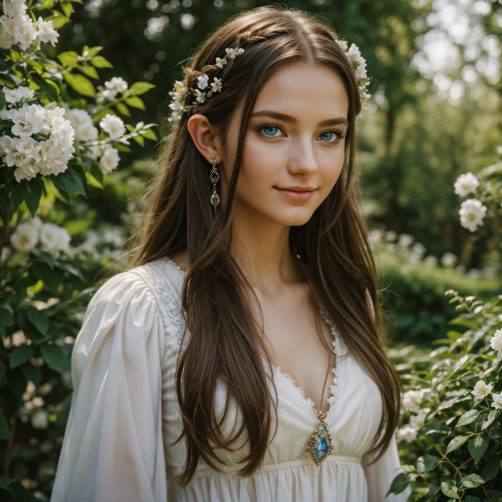 masterpiece,Digital SLR Photography,analog style,real photo,Photo of a beautiful 20 year old woman, (Lord of the Rings 1.0),dramatic lighting (85 mm),Blooming garden in the background,(detailed facial features),(Beautiful and sparkling eyes),Dynamic angle,Michelangelo's style,long hair,White dress,smile:1.4,(brown hair 1.5), Blue eyes, Elven Garden, (Slavic roots 1.6), jewelry in hair, Beautiful face, shiny hair, Ultrarealism