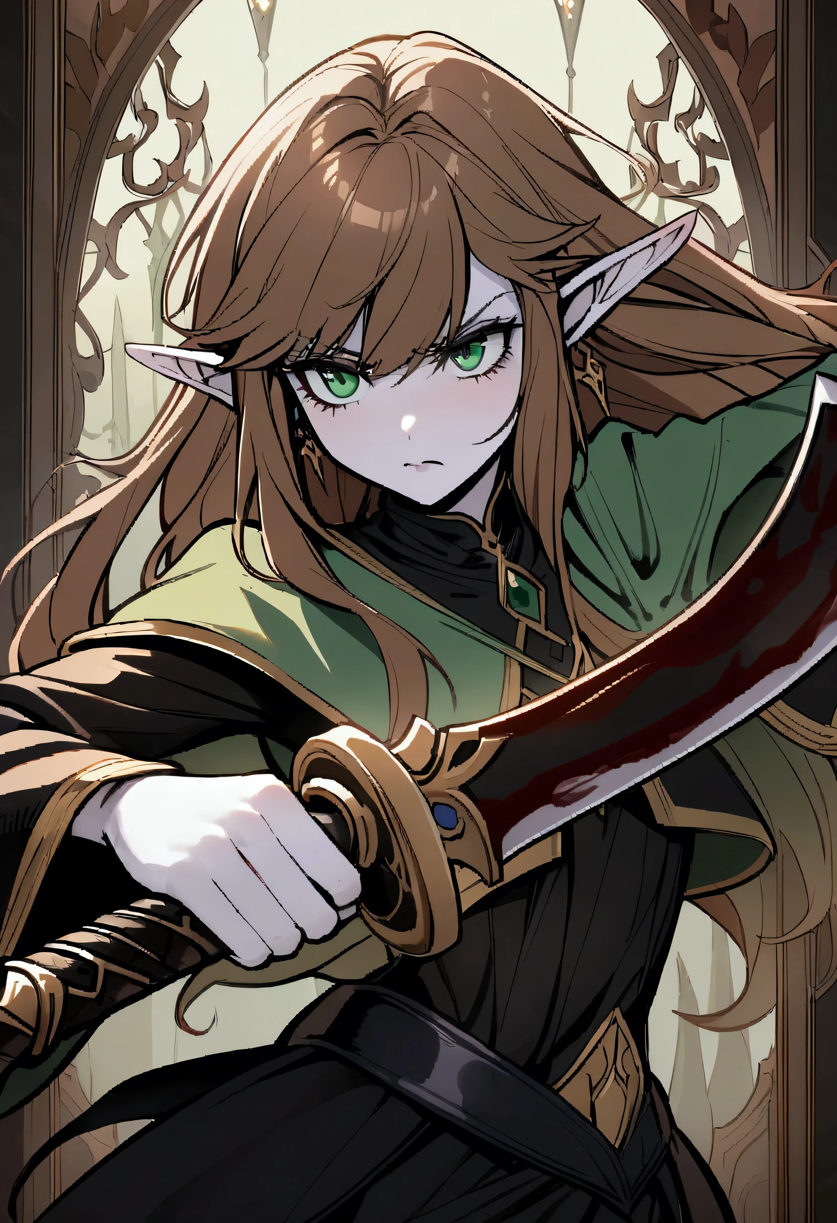 Young elven woman, pale skin, brown hair, green eyes, black clothes, small, dark fantasy, long ears, bladedancer, pissed, holding a sword, fighting, blood staina