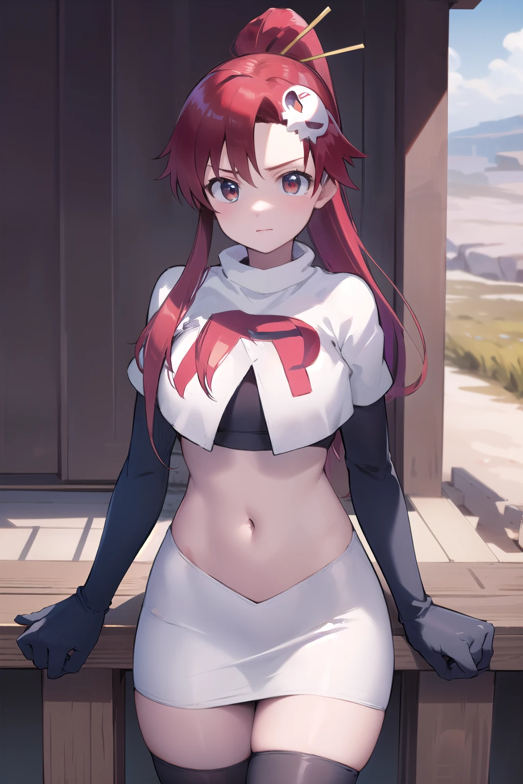 masterpiece, best quality, highres, yl1, ponytail, skull hair ornament, cowboy shot, outdoors, team rocket,team rocket uniform,white skirt,red letter R,crop top,black thigh-highs,black elbow gloves