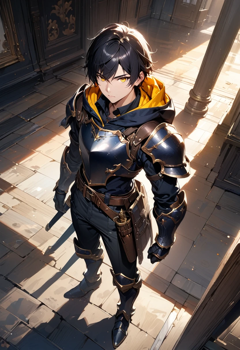 (masterpiece),(best quality),(ultra-detailed),(best illustration),(best shadow),(absurdres),(detailed background),(very aesthetic), 1boy, male-focus, black-hair, solo, armor, yellow-eyes, gauntlets, hood, holding, belt, black-pants, standing, boots, pants, short-hair, full-body, hoodie, armored-boots, breastplate, sheath, hood-down, black-hoodie, closed-mouth, gloves, looking-at-viewer, indoors, bangs