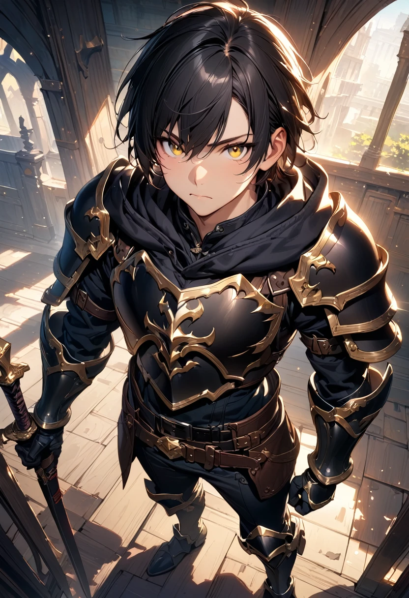 (masterpiece),(best quality),(ultra-detailed),(best illustration),(best shadow),(absurdres),(detailed background),(very aesthetic), 1boy, male-focus, black-hair, solo, armor, yellow-eyes, gauntlets, hood, holding, belt, black-pants, standing, boots, pants, short-hair, full-body, hoodie, armored-boots, breastplate, sheath, hood-down, black-hoodie, closed-mouth, gloves, looking-at-viewer, indoors, bangs
