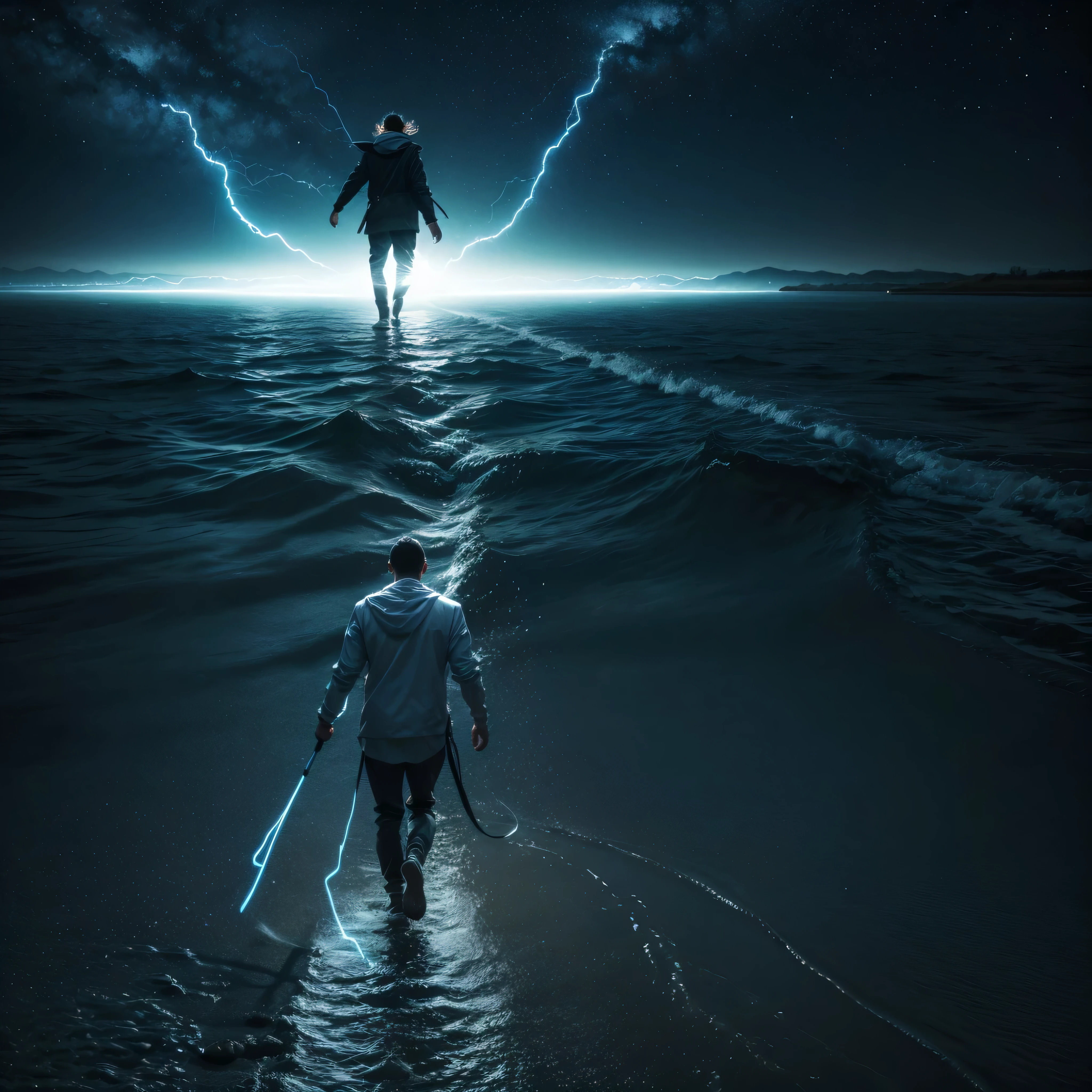 create an image of a human form of energy walking through a river of energy flow
