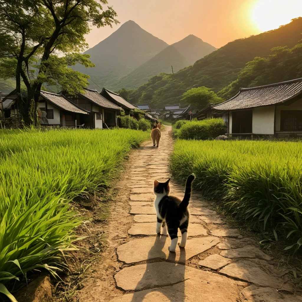 In a beautiful little village,There are mountains,Grove,grassland,Small Lake,kitten,girl,Boys trotting through the village,And a beautiful sunset,Breeze1, Browsing Caution、girlヘットフォン着用、 beautiful,