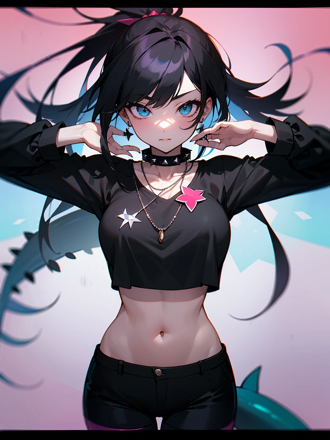 ((Long Straight Black hair)), Perfect face, Choker, Punk earrings, ((Tall)), ((High Quality)), Necklace, ((Mature)), Pretty Eyes, Sharp Nails, Bangs, ((1 Girl)), ((Multiple Earrings)), 1 girl, Spiky Earrings, Adult, Spiked Collar, Thin Eyelashes, Long Tail, Large Tail, Shark Tail, ((Short Pants)), ((Long Sleeve Crop Top)), Close Up, Tall, Long Legs, ((Dynamic Pose)), Black Tail, Pantyhose, Vibrant Colors, Close Up, Sexy, Suggestive, Sexually Suggestive, Skinny, Black Thigh Highs, Teasing, Ponytail, Slender Body, Stylish, Bangs, Wide Hips,