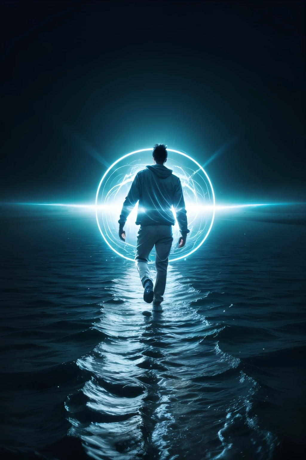 create an image of a human form of energy walking through a river of energy flow