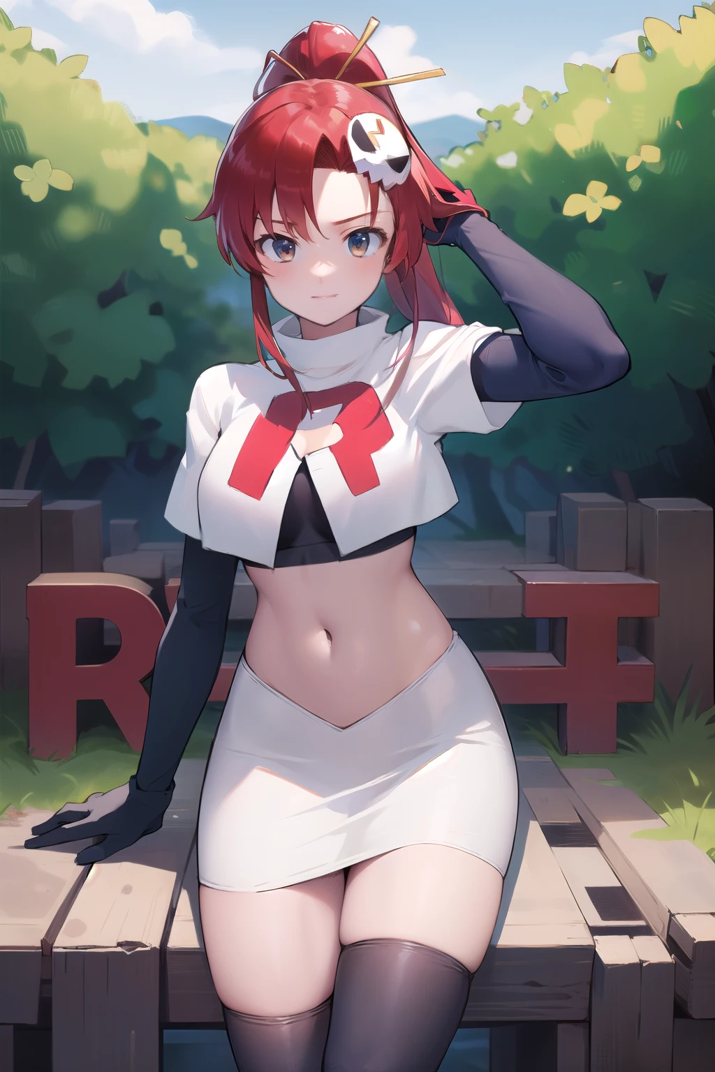masterpiece, best quality, highres, yl1, ponytail, skull hair ornament, cowboy shot, outdoors, team rocket,team rocket uniform,white skirt,red letter R,crop top,black thigh-highs,black elbow gloves