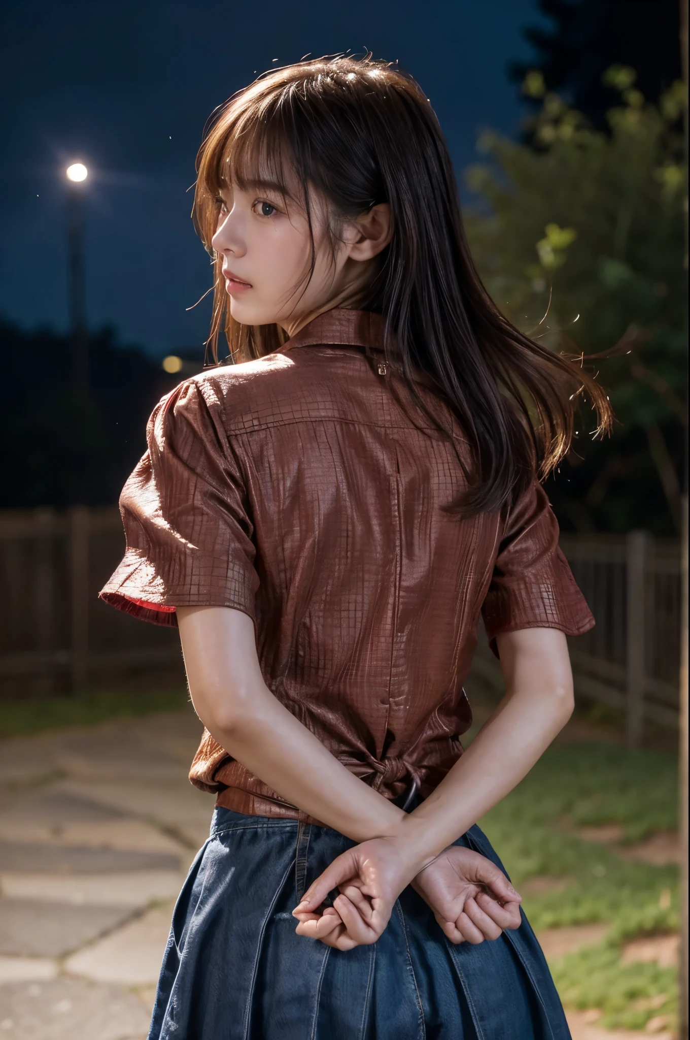 The woman has her hands tied、((Put your hands behind your back))、((Place your hands together and cross them behind your back))、((Her wrists are tied with rope))、Beauty、２０age、university student、(anatomicaly, Has two arms and two hands)、Standing on a hill at night、There are a lot of trees、Beautiful night sky、There are many stars、A strong wind is blowing、Wearing a short-sleeved blouse、Wear a long skirt、Uniform eyes、Proportioned proportionedium build、Small breasts、Small face、(I can see from head to heel), Black Hair, bangs, swept bangs, Straight hair, Nervous, Messy Hair, Floating hair, Cinema Lighting, tachi-e, First-person view, throw, From behind, F/1.2, Nikon, Cowboy Shot, Surrealism, 超High resolution, Highest quality, High resolution, 8k, Textured skin, anatomicaly正しい体,
