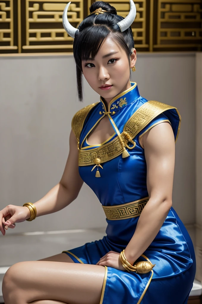 (Muscular:2), (thick thighs:2.5),
(asian female, black hair, hairbuns:1.5), (adult), beauty mark,
(earrings, eyeshadow, lipstick),
detailed eyes, (big smile:1.3), detailed skin,
(small breasts:1.5),
(chun li outfit:1.5), (spike bracelets, brown pantyhose, china dress:2),
(upper body view:1.3), (looking at viewer), (three quarter view:1.5),
abandoned japanese village, rim lighting, two tone lighting, dimly lit, bokeh