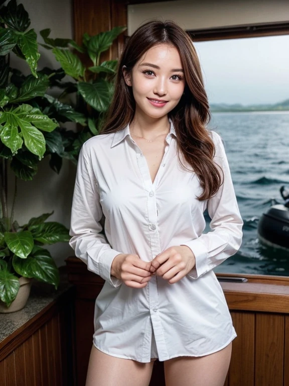 Cute woman、White shirt、mile、Open chest shirt、(A wet shirt with underwear showing through)、Wet Hair、Gazing at the sea、smile、Hibiscus flower、On the boat,ponytail、30Old woman gets wet、Hibiscus flower、