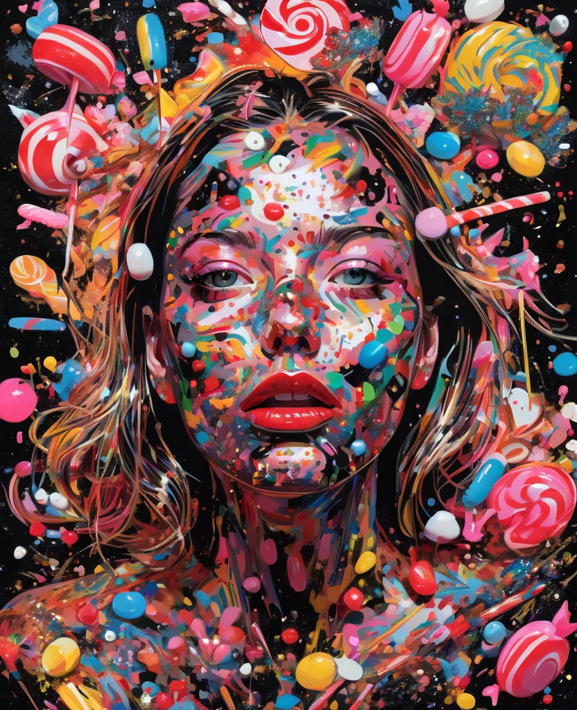 Graffiti, scribble, Comics by Petra Cortright, best quality, masterpiece, glittery candy artwork, Representative work, official art, Professional, Ultra intricate detailed, 8k, candy art, black background 