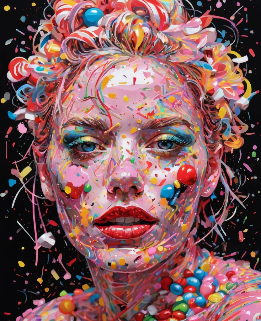 Graffiti, scribble, Comics by Petra Cortright, best quality, masterpiece, glittery candy artwork, Representative work, official art, Professional, Ultra intricate detailed, 8k, candy art, black background 
