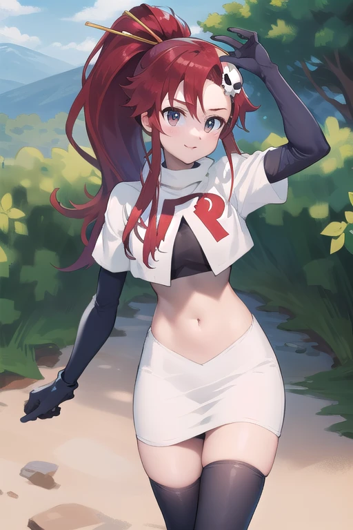 masterpiece, best quality, highres, yl1, ponytail, skull hair ornament, cowboy shot, outdoors, team rocket,team rocket uniform,white skirt,red letter R,crop top,black thigh-highs,black elbow gloves