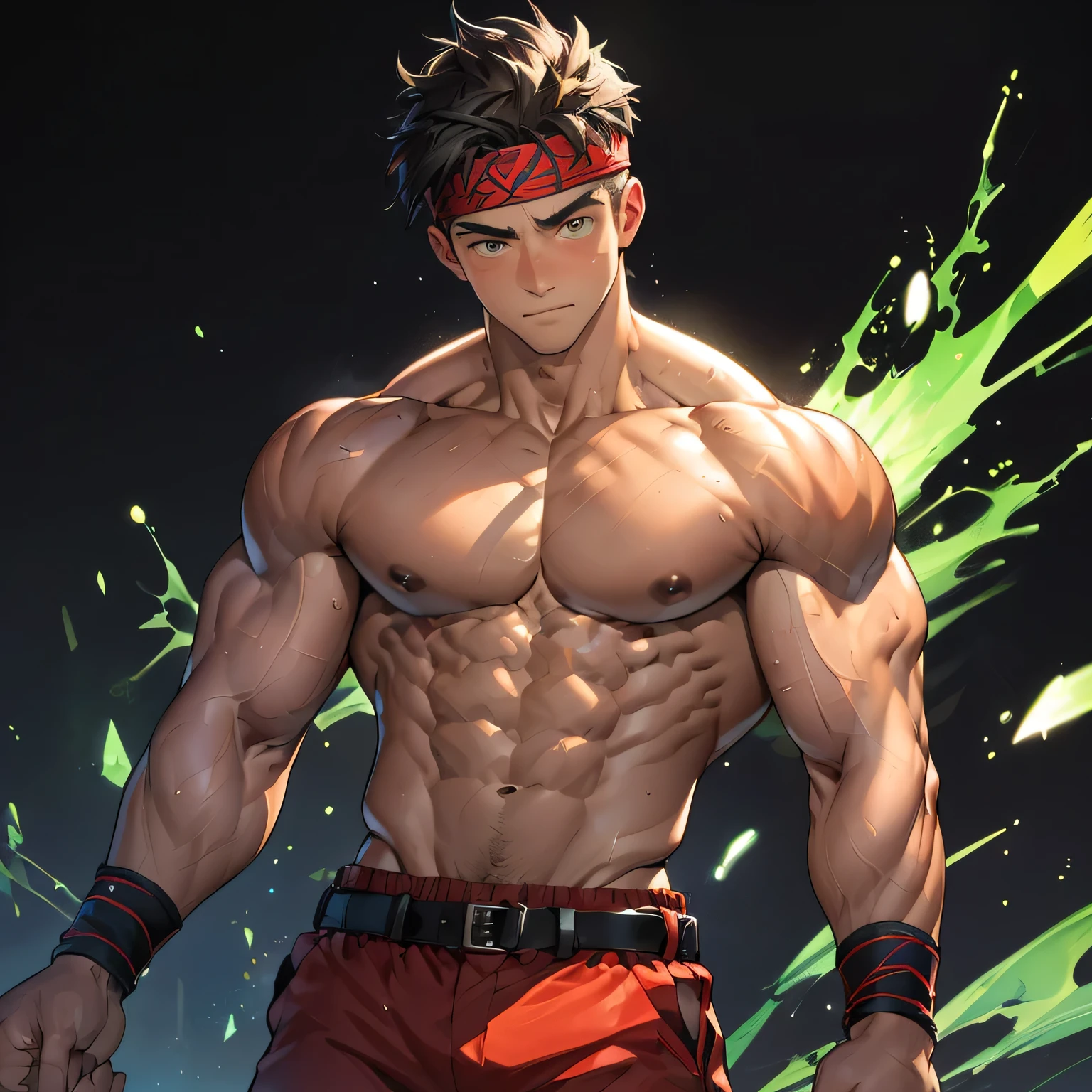 ((masterpiece, best quality)), (((((black background, deep night, bust shot))))), (19 year old boy, worm eyes), Young boy, muscler, Shirtless, ((((1boy, flesh, tough, reliable, developed body, blue and green aura effect, holding aura energy)))), (Dark Short straight hair, ((almost completely shaved hair)), under cut, brown eyes), (red headband, ((black wristband)), leather belt), Vivid colors, ((hot Abs:1.2, abs!, big abs, big breast:1.2, chest!, muscler upper arms, toned body, athletic body)), muscler!, muscler body, detailed face, detailed muscle, (((rippling muscles, fighting pose, action)))