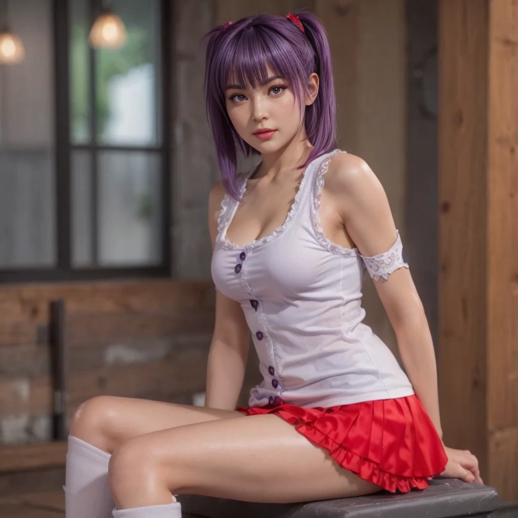 Ayane, Purple hair, (best quality, Ultra-detailed), (realistic:1.37), beautiful and detailed face, ultra-realistic texture, delicate face, delicate body, red lipstick, long-lasting colors. high definition, 8K.