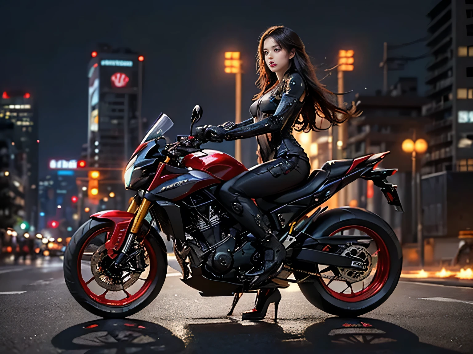 (RAW quality:1.4), masterpiece, highest quality, High resolution, dark_Fantasy, cyber punk, (Sword Weapons,red:1.1),1 person, Japanese women, , mechanical,Robotic presence,cybernetic guardian, darkness, Night city background, at night, cyber punk mecha humanoid black and red is riding a futuristic Ducati Panigale V4 race motorcycle on a mountain road at night, Realistic Style, Inspired by Blade Runner, Dark and dramatic lighting, Red and Black Theme, Central curve composition, Rear view. (An ultra-detailed masterpiece:1.5), (beautifuly intricate:1.5), (highest quality:1.5), (beautiful + beautiful + Harmonious:1.5), (Highly detailed face, Ultra-detailed eyes, Highly detailed mouth, Super-detailed body, Very fine needles, Very elaborate clothing, Ultra-detailed landscapes:1.5), (Sharpen details:1.2), Blurred Background, Shallow subject depth,