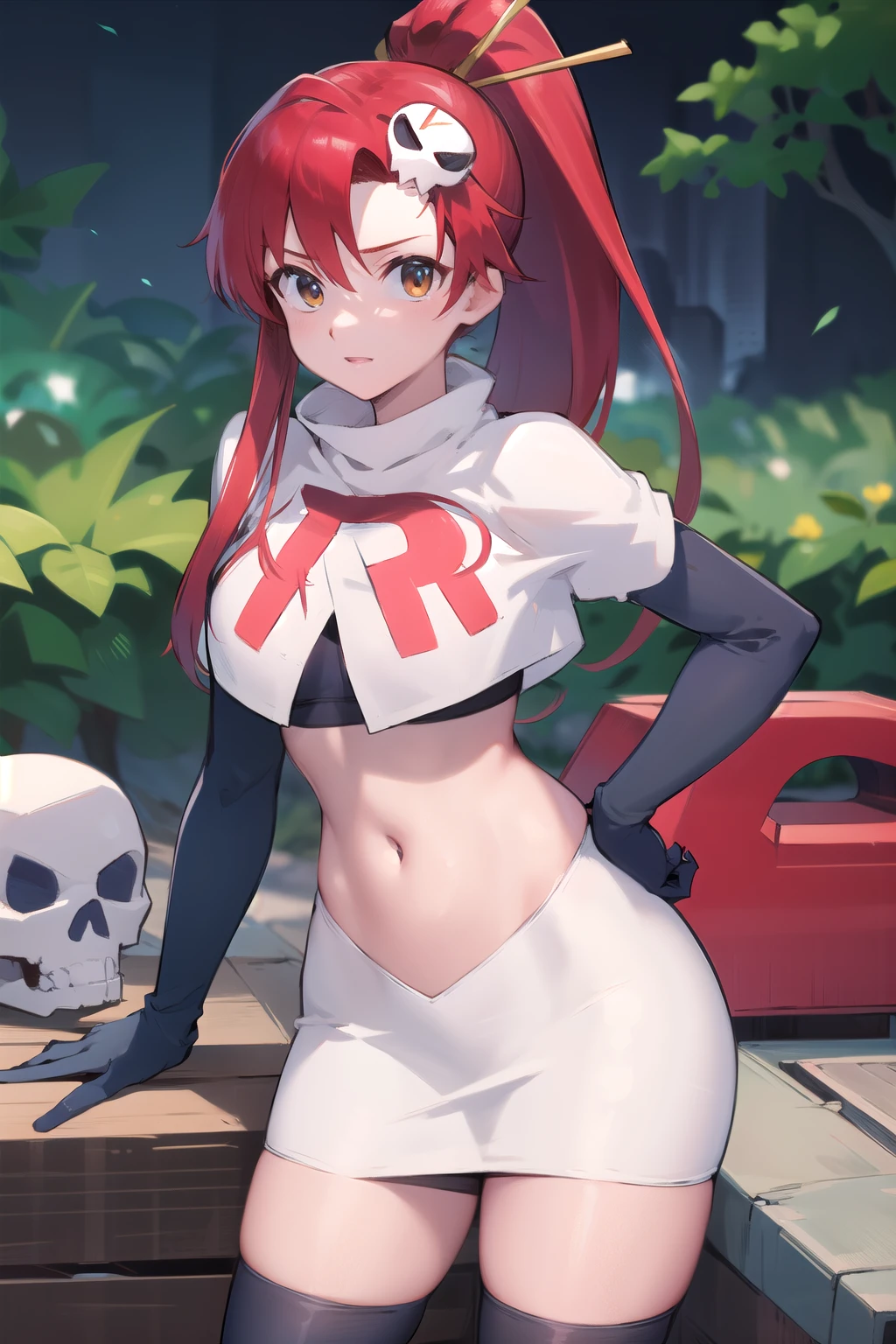masterpiece, best quality, highres, yl1, ponytail, skull hair ornament, cowboy shot, outdoors, team rocket,team rocket uniform,white skirt,red letter R,crop top,black thigh-highs,black elbow gloves