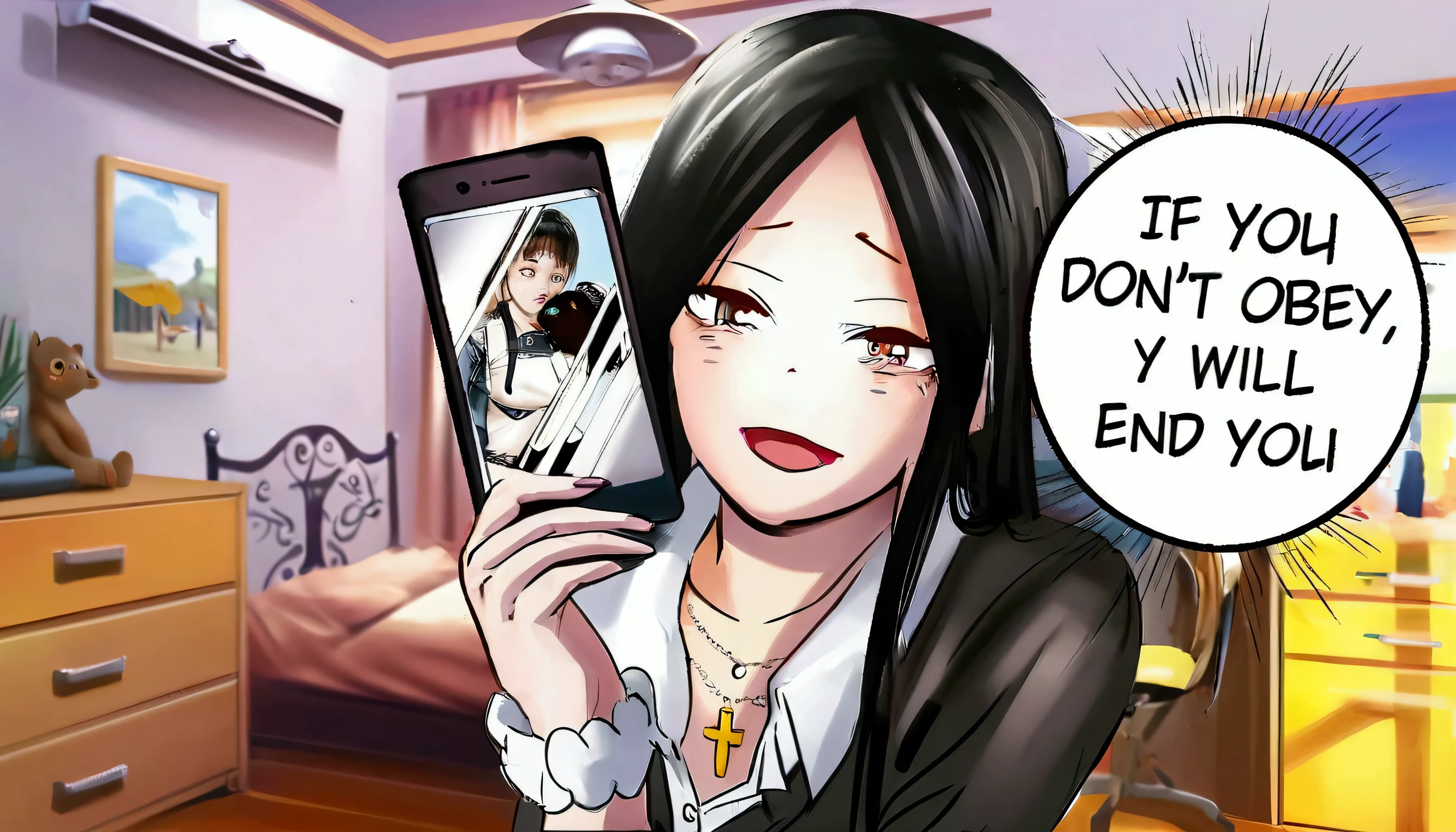 anime girl holding up a cell phone with a comic bubble above her, ecchi anime style, anya from spy x family, she is holding a smartphone, in anime style, in an anime style, a hyperrealistic , ecchi, realistic , manhwa, ecchi style, hyperrealistic , digital manga, digital manga art, from girls frontline