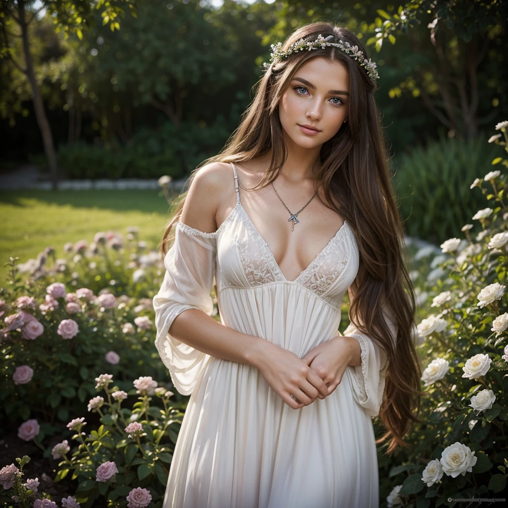 masterpiece,Digital SLR Photography,analog style,real photo,Photo of a beautiful 20 year old woman, (Lord of the Rings 1.0),dramatic lighting (85 mm),Blooming garden in the background,(detailed facial features),(Lovely, and sparkling eyes),Dynamic angle,Michelangelo's style,long hair,White dress,smile:1.4,(brown hair 1.5), Blue eyes, Elven Garden, (Slavic roots 1.6), jewelry in hair, Beautiful face, shiny hair, Ultrarealism, clear cheekbones, full lips,(chest size 3 1.2)