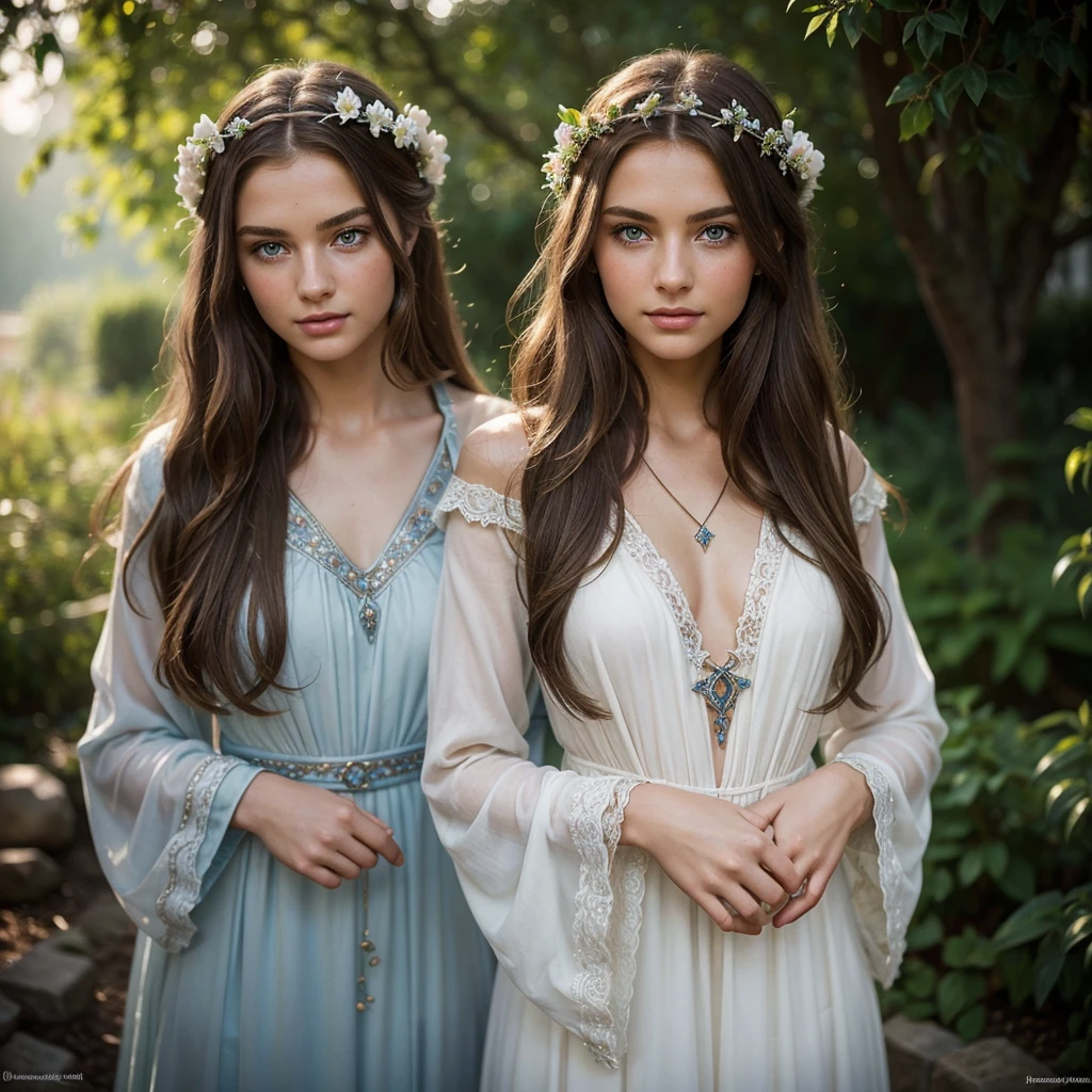 masterpiece,Digital SLR Photography,analog style,real photo,Photo of a beautiful 20 year old woman, (Lord of the Rings 1.0),dramatic lighting (85 mm),Blooming garden in the background,(detailed facial features),(Lovely, and sparkling eyes),Dynamic angle,Michelangelo's style,long hair,White dress,smile:1.4,(brown hair 1.5), Blue eyes, Elven Garden, (Slavic roots 1.6), jewelry in hair, Beautiful face, shiny hair, Ultrarealism, clear cheekbones, full lips,(chest size 3 1.2)