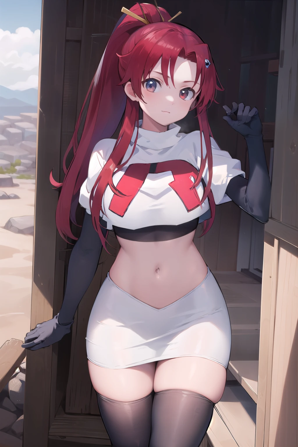 masterpiece, best quality, highres, yl1, ponytail, skull hair ornament, cowboy shot, outdoors, team rocket,team rocket uniform,white skirt,red letter R,crop top,black thigh-highs,black elbow gloves
