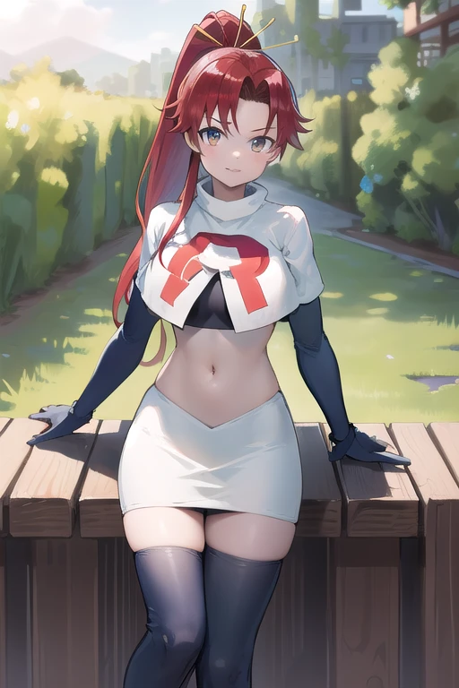 masterpiece, best quality, highres, yl1, ponytail, skull hair ornament, cowboy shot, outdoors, team rocket,team rocket uniform,white skirt,red letter R,crop top,black thigh-highs,black elbow gloves