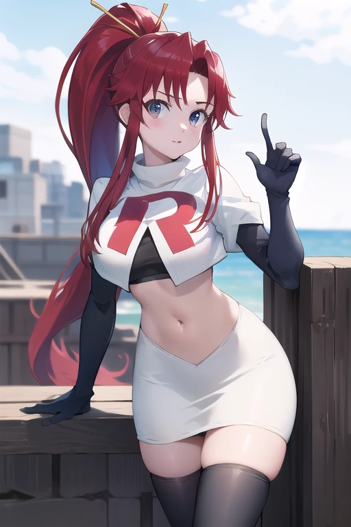 masterpiece, best quality, highres, yl1, ponytail, skull hair ornament, cowboy shot, outdoors, team rocket,team rocket uniform,white skirt,red letter R,crop top,black thigh-highs,black elbow gloves