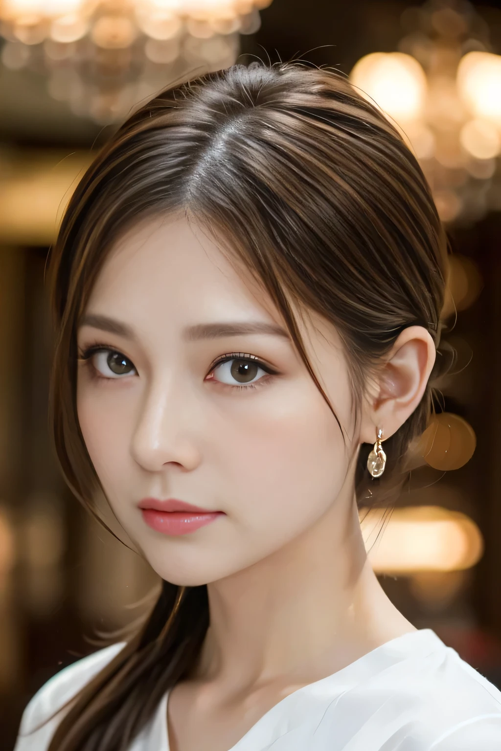 light brown hair, hair slicked back, hoop earrings, scowl, folded ponytail, bangs pinned back, empty eyes, amber eyes, heart earrings, drunk, widow's peak, depth of field, uhd, masterpiece, best quality, super detail, 8k、One Japanese woman、30 years old、Looking this way、(Close-up photo of the face:1.4)、background:hotel lobby、Focused eyes、Detailed eyes、Detailed face、White T-shirt、Symmetrical eyes、Heavy makeup、