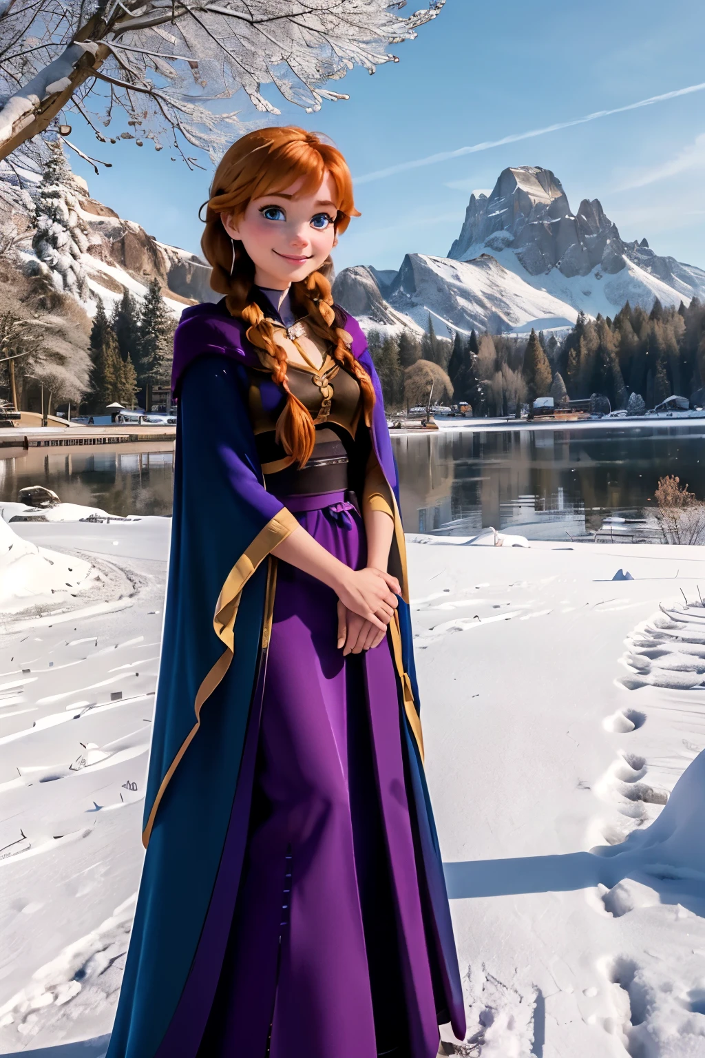 DisneyAnna,Orange hair, twin braids, blue eyes,purple cloak, Blue dress,looking at the viewer, smiling, standing, medium shot, outside, park, grass, lake, winter, trees, castillo, blue sky, high quality, masterpiece, mountains with snow in the background