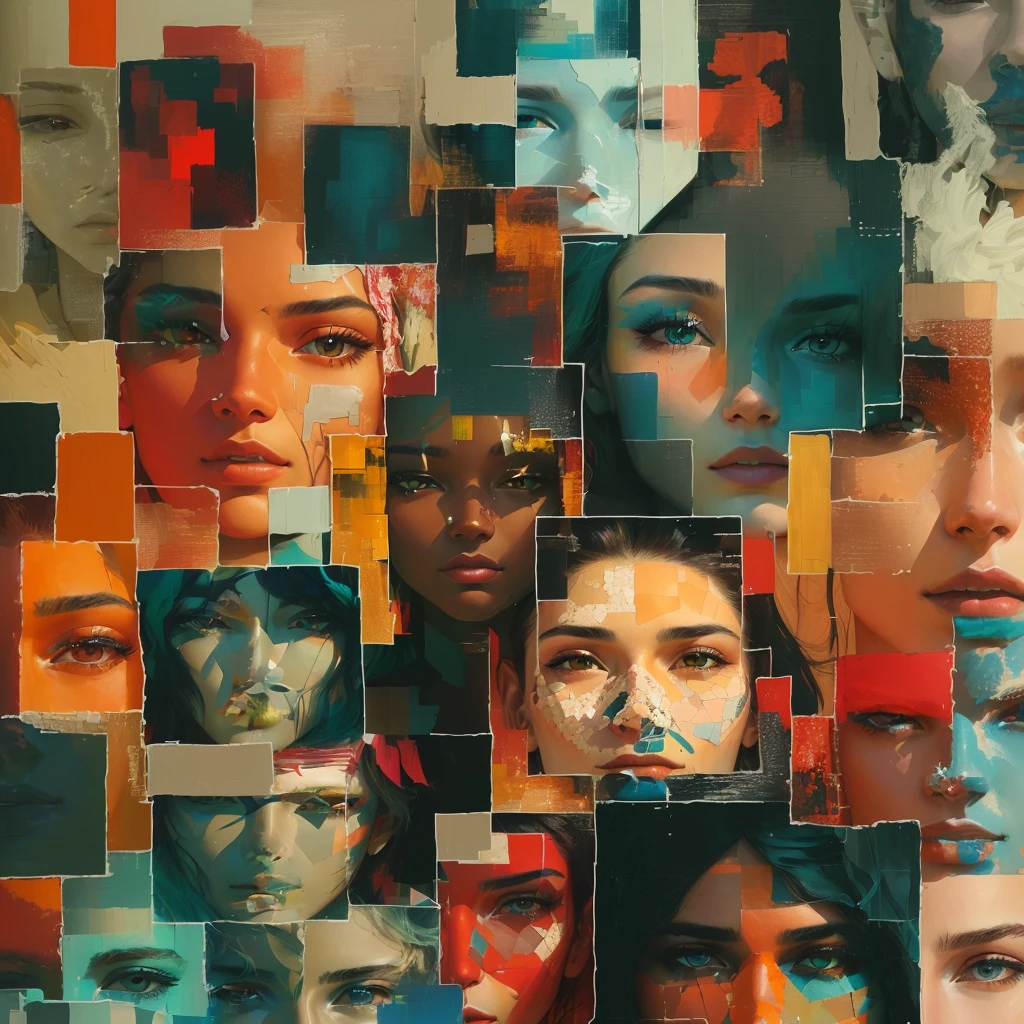 a close up of a colagem of different faces of people, por Kurt Roesch, vários rostos, ( ( Madsberg ) ), por Micha Klein, rostos femininos, Rostos multicoloridos, hd mixed media 3d colagem, contemporary colagem, 62x47 polegadas, ( colagem ), by Madsberg, a contemporary artistic colagem, rostos diversos. Collage-style image featuring a diverse array of human faces, both male and female, each with distinct facial features and skin tones. The layout is a mosaic of overlapping rectangular and square segments, creating a dynamic and visually engaging composition. The faces vary in expression, gender, and age, with some showing close-up details of eyes, lips, and noses, while others display full faces. Men and women of varying ages. The color palette includes a mix of natural skin tones, with overlays of vibrant hues such as red, orange, teal, and blue, adding an abstract and artistic quality to the image. The background consists of fragmented geometric shapes, enhancing the layered and textured appearance of the collage.