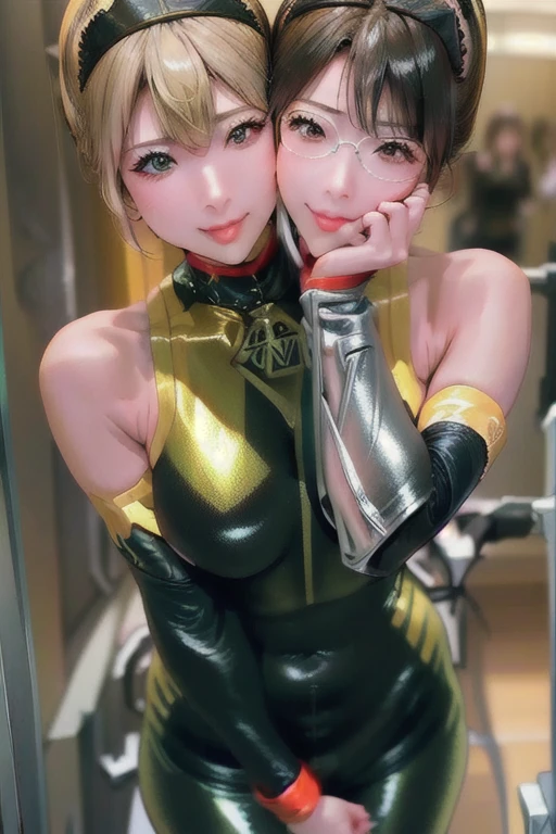 Twin sisters, Appropriate attire for a rave, blonde, Green Eyes, In Rave, Ultra Sharp, High resolution, 8k, High resolution, 景色を眺めるTwin sisters
中国のアイドル　Mature Woman　Huge 　((Shiny enough to reflect light、Shiny navy blue metallic bodysuit and tights.))　Twin sisters　Chunli　((Plump))　Ultra shiny metallic stockings　((前髪のある短いblondeの髪))　Twin sisters　Red cheeks　((Glasses))　((夜景と月明かりの中で四つん這いになって座るTwin sisters))　Sweaty　Sweaty　((フェロモン溢れる成熟したTwin sisters女性))　卑猥な視線のTwin sisters　Sexy Face　(Gorgeous makeup)　((鮮やかな赤いルージュのPlump唇))　　((Being stared at provocatively from the front))　松本いちか似の妖艶な成熟したTwin sisters女性　Duck mouth　Lip-trembling blowjob_gesture