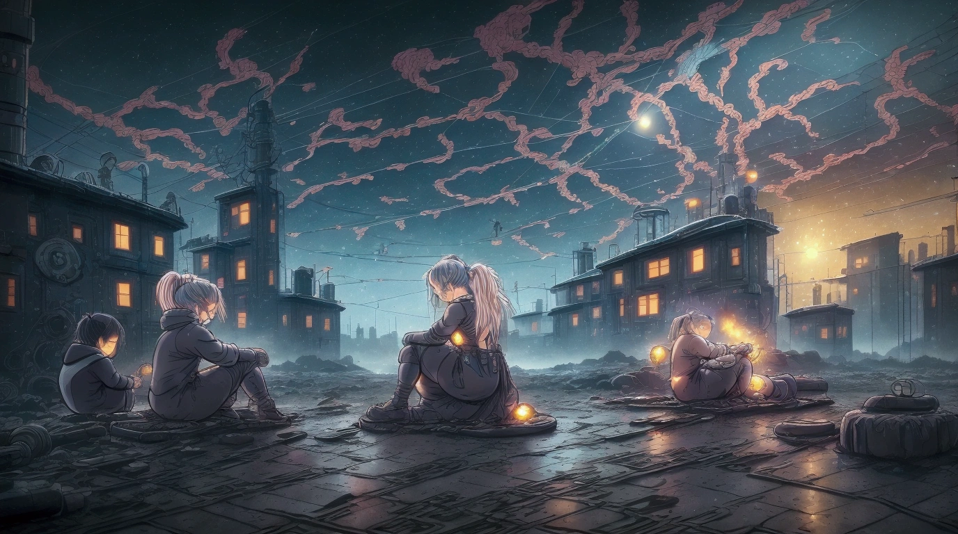 manga anime style, complicated scene with lots of details, a scene where there is a lonely cyborg girl sitting on the ground, in a cyberpunk wasteland, storm with rain is coming, the camera angle is from behind the girl, war scene,The artwork explores the idea of emotional and psychological healing facilitated by the synthetic or artificial—whether that be technology, societal constructs, or even self-constructed personas. It delves into the idea that healing and self-improvement can come from seemingly inanimate or artificial sources, suggesting that even the "cold" and "mechanical" can offer warmth and restoration.