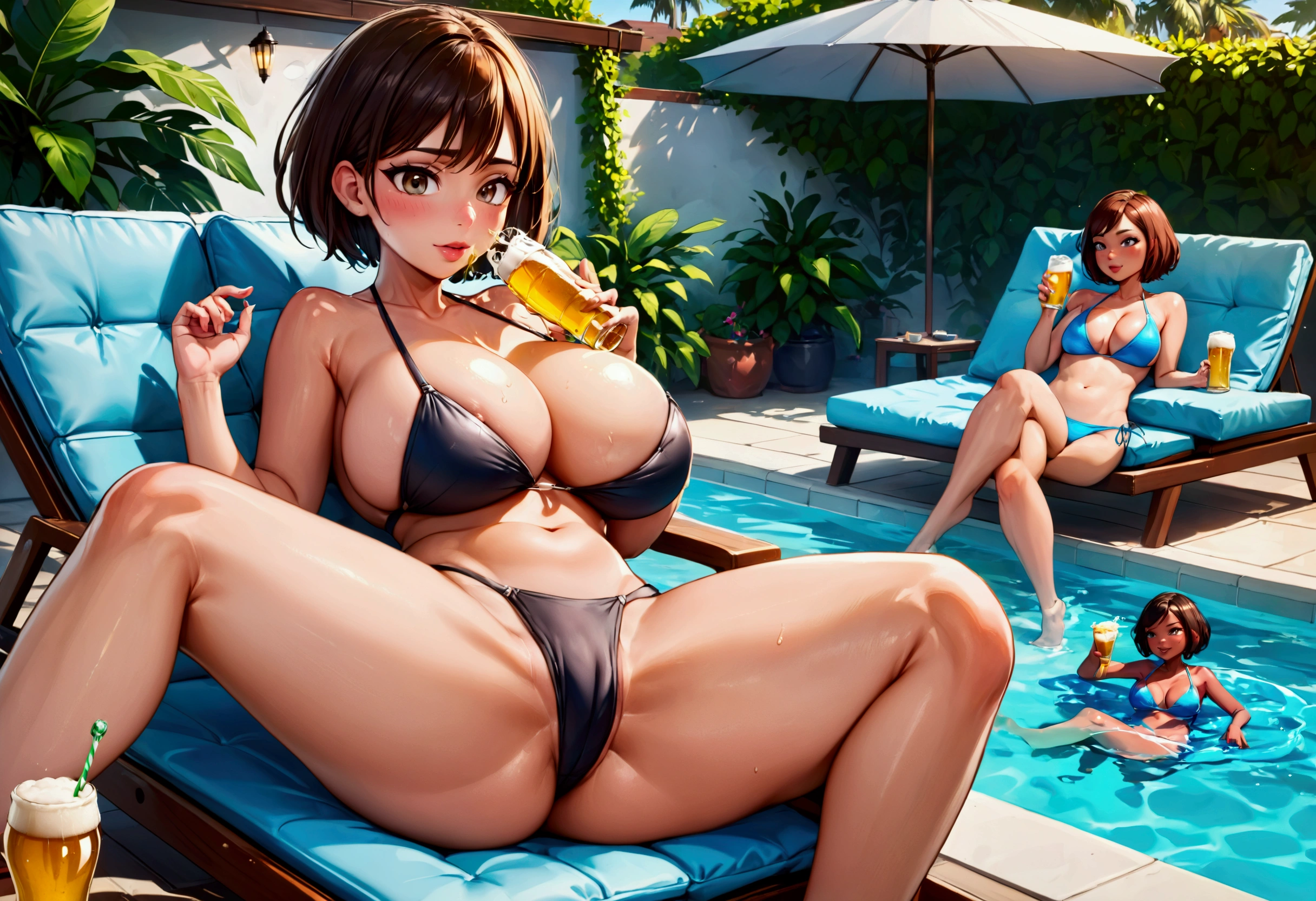 A milf (large breasts, large butt, toned midriff, cute face, short hair, scandalously small swimsuit) Is passed out on a lounge chair drinking a beer while her daughter has a pool party with friends