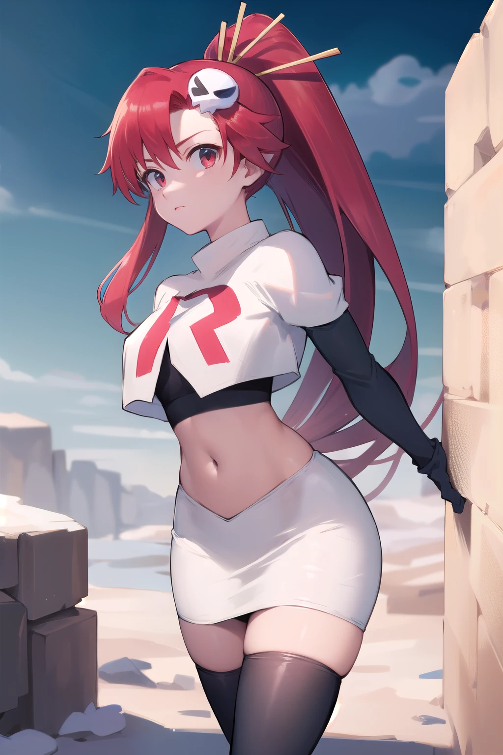 masterpiece, best quality, highres, yl1, ponytail, skull hair ornament, cowboy shot, outdoors, team rocket,team rocket uniform,white skirt,red letter R,crop top,black thigh-highs,black elbow gloves