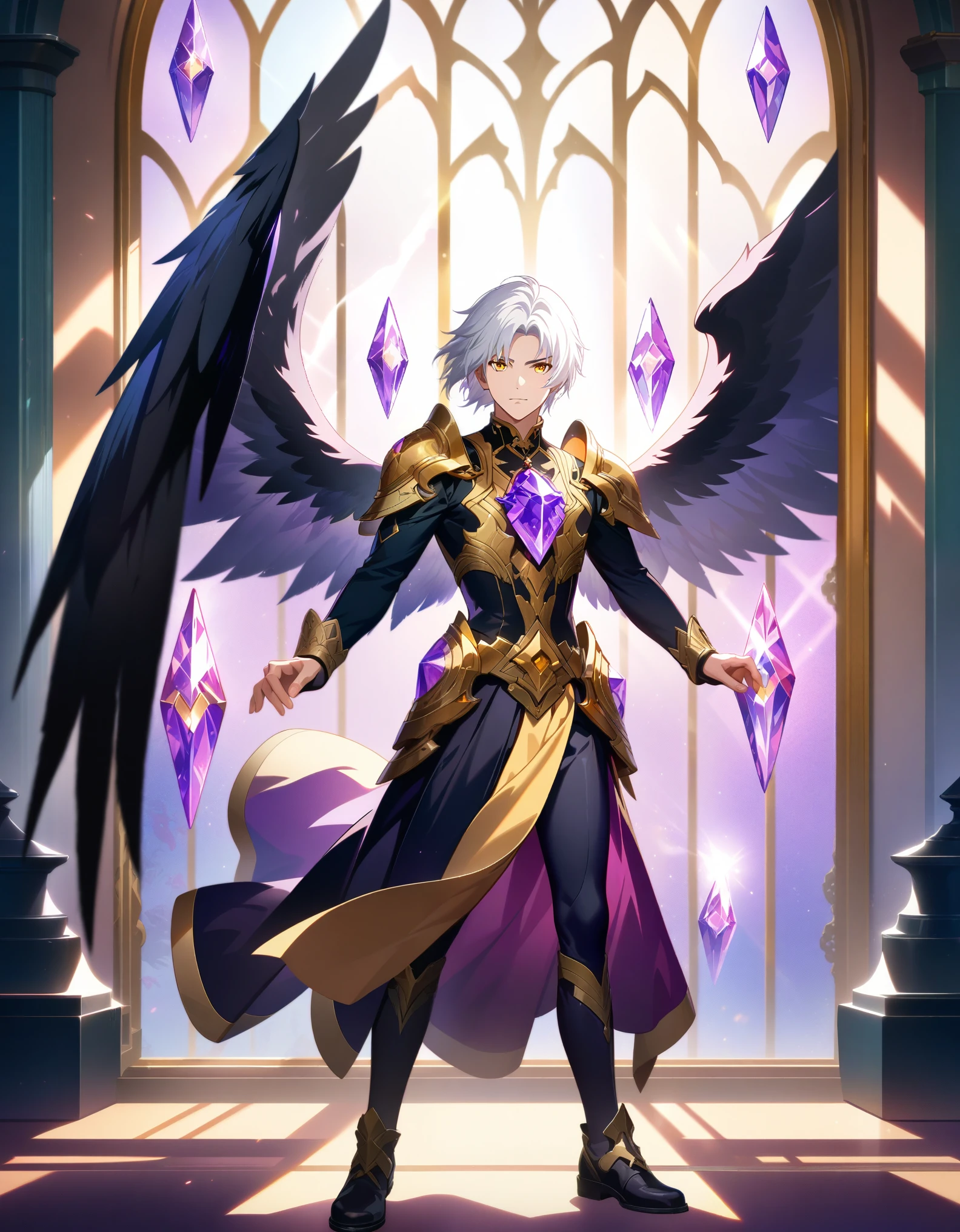 masterpiece, best quality, Detailed eyes, detailed face, Solo, Male, solo man, ((man)), 1man, athletic build, Aasimar, short hair, ((White Hair)), golden eyes, ((gold eyes)), black silhouette, ((like heartless sora)), Gold Trim, wearing a crystal necklace, (((purple crystal))), wings, angle wings, ((black wings)), nothing infront of main character, (light coming from behind window), candles in background, (full body portrait), standing pose, action pose with hands infront, (facing viewer), (extremely detailed CG unity 8k wallpaper), (best quality), (best illustration), (best shadow), absurdres, realistic lighting, Dynamic lighting,