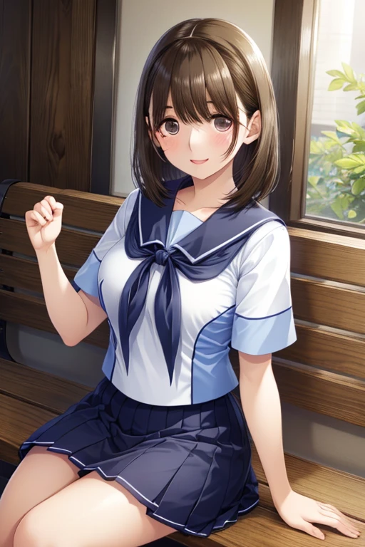 anegasaki nene、Shiny brown hair, short hair, (Beautiful brown eyes、Sparkling eyes, Fine grain)、smile、Ultra-detailed eyes、Highly detailed face, Highly detailed eyes,


Short-sleeved white sailor suit、Navy blue mini pleated skirt、Very short mini skirt、Bare thighasterpiece, Highest quality, High resolution, almanac,  Seraphim, , Sitting, bench, Open your mouth, wave hands, smile,