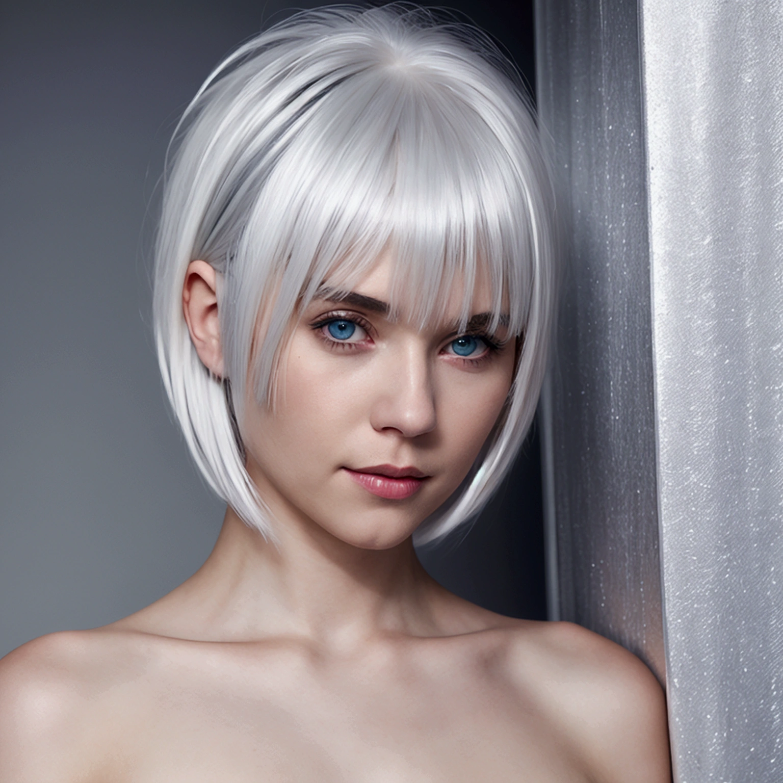 there is a woman with white hair and blue eyes, white hair color, girl with short white hair, chica de silver hair, chica de silver hair, short white hair, short white hair, Girl with white hair, cyborg - girl with silver hair, silver white hair, White Bob Hair, Medium length white hair, silver hair, platinum blondee, platinum blonde