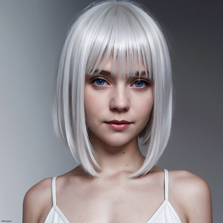 there is a woman with white hair and blue eyes, white hair color, girl with short white hair, chica de silver hair, chica de silver hair, short white hair, short white hair, Girl with white hair, cyborg - girl with silver hair, silver white hair, White Bob Hair, Medium length white hair, silver hair, platinum blondee, platinum blonde