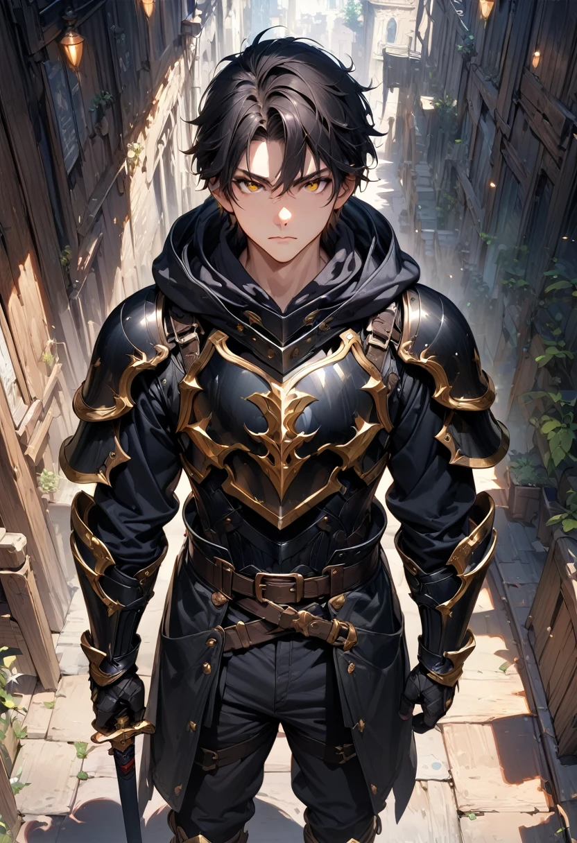 (masterpiece),(best quality),(ultra-detailed),(best illustration),(best shadow),(absurdres),(detailed background),(very aesthetic), 1boy, male-focus, black-hair, solo, armor, yellow-eyes, gauntlets, hood, holding, belt, black-pants, standing, boots, pants, short-hair, full-body, hoodie, armored-boots, breastplate, sheath, hood-down, black-hoodie, closed-mouth, gloves, looking-at-viewer, indoors, bangs
