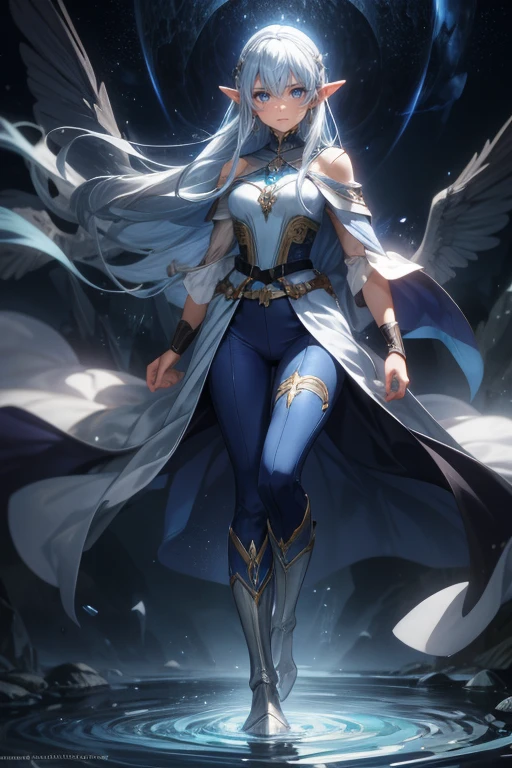 Professor Elowen Mistralight, a 25-year-old elf woman, medium height and delicate elf with silver hair, mysterious and penetrating light blue eyes, He wears a robe with patterns of wind and water, tight light blue fabric pants, long, with navy blue riding boots, the boots reach the knee, a magic wand and castle background, anime style. Individual image of her in full body. He is in action pose. Has one leg raised with the knee bent, His mouth is slightly open as if he had exercised a lot.. He has light skin. She has her hair down and blowing in the wind.. feminine and sexy body.