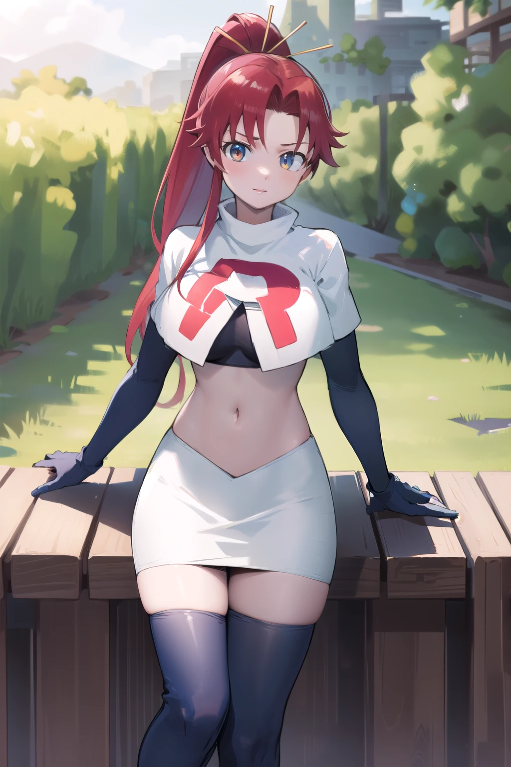 masterpiece, best quality, highres, yl1, ponytail, skull hair ornament, cowboy shot, outdoors, team rocket,team rocket uniform,white skirt,red letter R,crop top,black thigh-highs,black elbow gloves