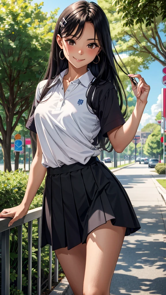 ((best quality)), ((masterpiece)), (details), one girl, sexy ((best quality)), ((masterpiece)), (details), one girl, sexy ((best quality)), ((masterpiece)), (details), one girl, full body, sexy expensive body, expensive, long legs, mature woman, mature, adult, it_nagatoro_main, Hayase Nagatoro, one girl, blushing, alone, white polo shirt, short sleeves, black hair,brown eyes, hair accessory, looking at viewer, hair clip, smiling, long hair, dark skinned woman, dark skin, , bangs, daytime, skirt, collared shirt, collarbone, ear clip, mouth closed, tree, asymmetrical bangs, upper body