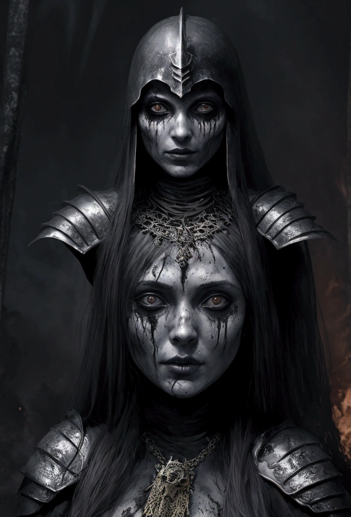 portraite de uma mulher forte com pele queimada usando uma armadura medieval, woman with blank look and burnt skin, royal armor, ghostly woman, portraite, dark scenery, horror style, nightmarish, macabre dinner, horror film, threatening character, twisted and otherworldly forest, blood-stained character, Moonless night, desolate and destroyed place, apocalypto
